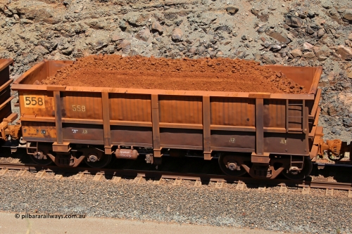 0558 160306 1620
Robe River ore waggon 558, built by Tomlinson Steel WA, fixed coupler non-handbrake side loaded view, at the 45 km, Harding Siding on the Cape Lambert line. March 6, 2016.
Keywords: 558;Tomlinson-Steel-WA;Robe-ore-waggon;