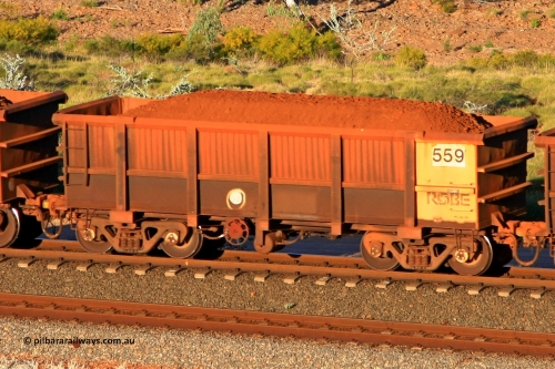 0559 110602 1704
Robe River ore waggon 559, built by Tomlinson Steel WA, rotary coupler end handbrake side loaded view at the 71 km, Western Creek on the Deepdale line. June 2, 2011.
Keywords: 559;Tomlinson-Steel-WA;Robe-ore-waggon;