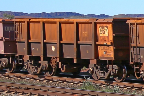 0562 160727 0953
Robe River ore waggon 562, built by Tomlinson Steel WA, rotary coupler end handbrake side empty view at Harding Siding on the Cape Lambert line, July 27, 2016.
Keywords: 562;Tomlinson-Steel-WA;Robe-ore-waggon;