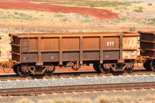 0577 141124 6859
Robe River ore waggon 577, built by Tomlinson Steel WA, fixed coupler handbrake side empty view at the 25 km at Arches Siding on the Cape Lambert line. November 24, 2014.
Keywords: 577;Tomlinson-Steel-WA;Robe-ore-waggon;