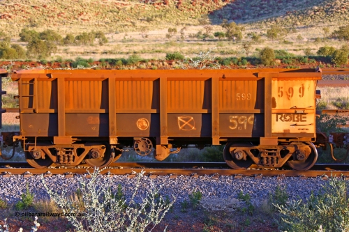 0599 170513 8769
Robe River ore waggon 599, built by Tomlinson Steel WA, handbrake side loaded view, Cape Lambert yard, May 13, 2017.
Keywords: 599;Tomlinson-Steel-WA;Robe-ore-waggon;