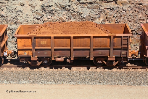 0603 160306 1510
Robe River ore waggon 603, built by Tomlinson Steel WA, fixed coupler non-handbrake side loaded view, at the 45 km, Harding Siding on the Cape Lambert line. March 6, 2016.
Keywords: 603;Tomlinson-Steel-WA;Robe-ore-waggon;