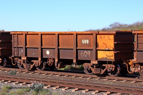 0609 160727 0975
Robe River ore waggon 609, built by Tomlinson Steel WA, rotary coupler end handbrake side empty view at Harding Siding on the Cape Lambert line, July 27, 2016.
Keywords: 609;Tomlinson-Steel-WA;Robe-ore-waggon;