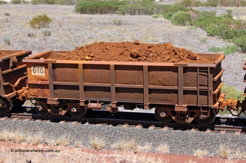0610 081209 0171
Robe River ore waggon 610, built by Tomlinson Steel WA, fixed coupler non-handbrake side loaded view at the 7 km location just south of Cape Lambert yard. December 9, 2008.
Keywords: 610;Tomlinson-Steel-WA;Robe-ore-waggon;