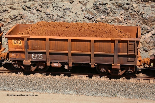 0613 160306 1590
Robe River ore waggon 613, built by Tomlinson Steel WA, fixed coupler non-handbrake side loaded view, at the 45 km, Harding Siding on the Cape Lambert line. March 6, 2016.
Keywords: 613;Tomlinson-Steel-WA;Robe-ore-waggon;