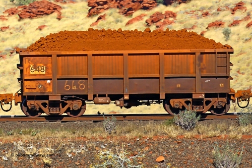 0648 170728 09908
Robe River ore waggon 648, built by Tomlinson Steel WA, non-handbrake side loaded view at the 72 km, Western Creek on the Deepdale line. July 28, 2017.
Keywords: 648;Tomlinson-Steel-WA;Robe-ore-waggon;