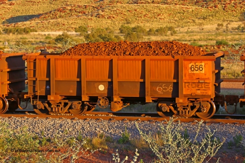 0656 170513 8639
Robe River ore waggon 656, built by Tomlinson Steel WA, rotary coupler end handbrake side loaded view, Cape Lambert yard, May 13, 2017.
Keywords: 656;Tomlinson-Steel-WA;Robe-ore-waggon;