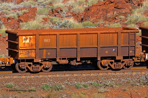 0662 180616 1695
Robe River ore waggon 662, built by Tomlinson Steel WA, rotary coupler end non-handbrake side empty view at the 38 km, Harding on the Cape Lambert line, June 16, 2018.
Keywords: 662;Tomlinson-Steel-WA;Robe-ore-waggon;