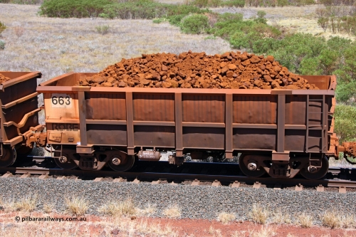 0663 081209 0123
Robe River ore waggon 663, built by Tomlinson Steel WA, fixed coupler non-handbrake side loaded view at the 7 km location just south of Cape Lambert yard. December 9, 2008.
Keywords: 663;Tomlinson-Steel-WA;Robe-ore-waggon;