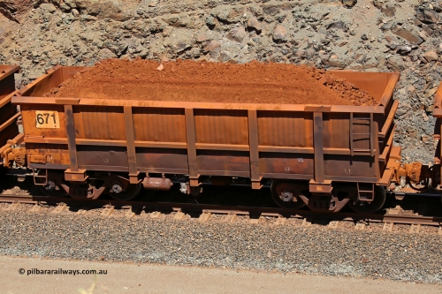 0671 160306 1628
Robe River ore waggon 671, built by Tomlinson Steel WA, fixed coupler non-handbrake side loaded view, at the 45 km, Harding Siding on the Cape Lambert line. March 6, 2016.
Keywords: 671;Tomlinson-Steel-WA;Robe-ore-waggon;