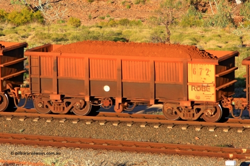 0672 110602 1683
Robe River ore waggon 672, built by Tomlinson Steel WA, rotary coupler end handbrake side loaded view at the 71 km, Western Creek on the Deepdale line. June 2, 2011.
Keywords: 672;Tomlinson-Steel-WA;Robe-ore-waggon;