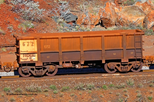 0672 180616 1723
Robe River ore waggon 672, built by Tomlinson Steel WA, rotary coupler end non-handbrake side empty view at the 38 km, Harding on the Cape Lambert line, June 16, 2018.
Keywords: 672;Tomlinson-Steel-WA;Robe-ore-waggon;