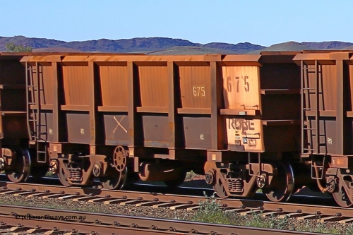 0675 160727 0980
Robe River ore waggon 675, built by Tomlinson Steel WA, rotary coupler end handbrake side empty view at Harding Siding on the Cape Lambert line, July 27, 2016.
Keywords: 675;Tomlinson-Steel-WA;Robe-ore-waggon;