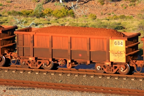 0684 110602 1714
Robe River ore waggon 684, built by Tomlinson Steel WA, rotary coupler end handbrake side loaded view at the 71 km, Western Creek on the Deepdale line. June 2, 2011.
Keywords: 684;Tomlinson-Steel-WA;Robe-ore-waggon;
