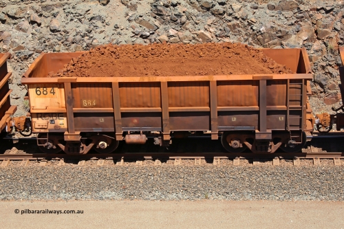 0684 160306 1515
Robe River ore waggon 684, built by Tomlinson Steel WA, fixed coupler non-handbrake side loaded view, at the 45 km, Harding Siding on the Cape Lambert line. March 6, 2016.
Keywords: 684;Tomlinson-Steel-WA;Robe-ore-waggon;