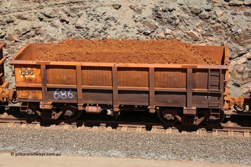 0686 160306 1572
Robe River ore waggon 686, built by Tomlinson Steel WA, fixed coupler non-handbrake side loaded view, at the 45 km, Harding Siding on the Cape Lambert line. March 6, 2016.
Keywords: 686;Tomlinson-Steel-WA;Robe-ore-waggon;