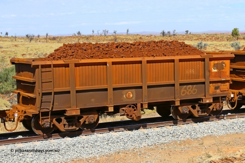 0686 170729 0198
Robe River ore waggon 686, built by Tomlinson Steel WA, fixed coupler handbrake side loaded view at the 103 km, between Maitland Siding and the Fortescue River on the Deepdale line. July 29, 2017.
Keywords: 686;Tomlinson-Steel-WA;Robe-ore-waggon;