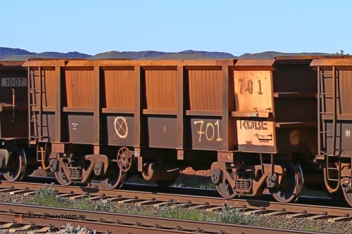 0701 160727 0958
Robe River ore waggon 701, built by Tomlinson Steel WA, rotary coupler end handbrake side empty view at Harding Siding on the Cape Lambert line, July 27, 2016.
Keywords: 701;Tomlinson-Steel-WA;Robe-ore-waggon;