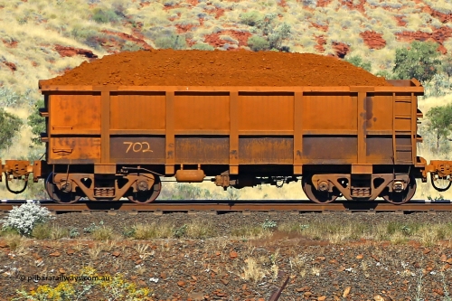 0702 170728 09943
Robe River ore waggon 702, built by Tomlinson Steel WA, non-handbrake side loaded view at the 72 km, Western Creek on the Deepdale line. July 28, 2017.
Keywords: 702;Tomlinson-Steel-WA;Robe-ore-waggon;