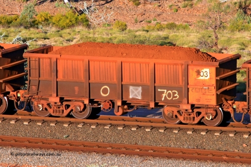 0703 110602 1686
Robe River ore waggon 703, built by Tomlinson Steel WA, rotary coupler end handbrake side loaded view at the 71 km, Western Creek on the Deepdale line. June 2, 2011.
Keywords: 703;Tomlinson-Steel-WA;Robe-ore-waggon;
