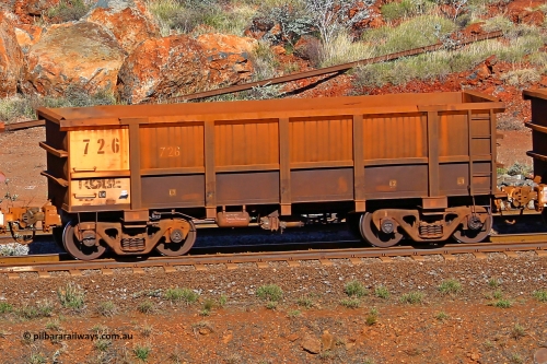 0726 180616 1739
Robe River ore waggon 726, built by Tomlinson Steel WA, rotary coupler end non-handbrake side empty view at the 38 km, Harding on the Cape Lambert line, June 16, 2018.
Keywords: 726;Tomlinson-Steel-WA;Robe-ore-waggon;