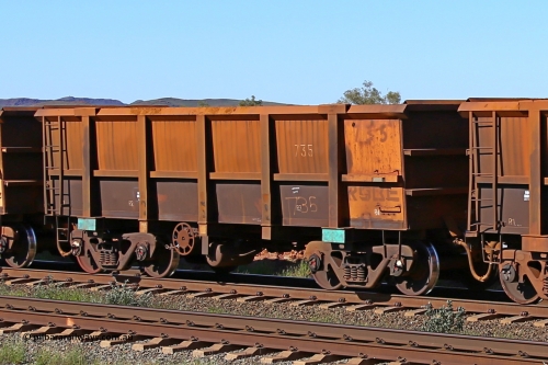 0735 160727 0988
Robe River ore waggon 735, built by Tomlinson Steel WA, rotary coupler end handbrake side empty view at Harding Siding on the Cape Lambert line, July 27, 2016.
Keywords: 735;Tomlinson-Steel-WA;Robe-ore-waggon;