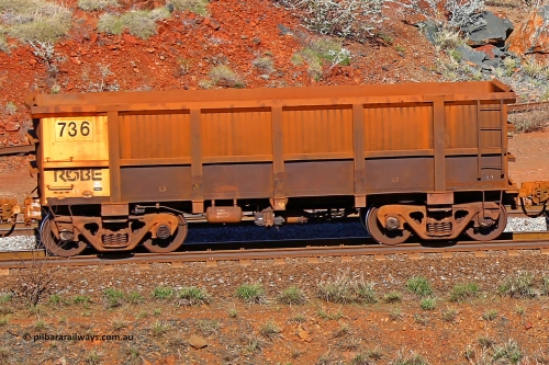 0736 180616 1726
Robe River ore waggon 736, built by Tomlinson Steel WA, rotary coupler end non-handbrake side empty view at the 38 km, Harding on the Cape Lambert line, June 16, 2018.
Keywords: 736;Tomlinson-Steel-WA;Robe-ore-waggon;