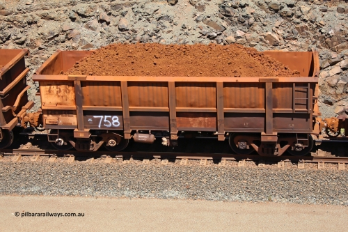 0758 160306 1526
Robe River ore waggon 758, built by Centurion Industries WA, fixed coupler non-handbrake side loaded view, at the 45 km, Harding Siding on the Cape Lambert line. March 6, 2016.
Keywords: 758;Centurion-Industries-WA;Robe-ore-waggon;