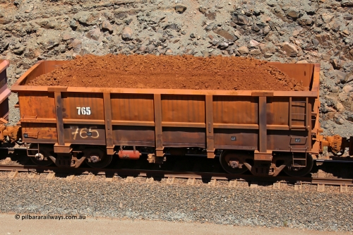 0765 160306 1605
Robe River ore waggon 765, built by Centurion Industries WA, fixed coupler non-handbrake side loaded view, at the 45 km, Harding Siding on the Cape Lambert line. March 6, 2016.
Keywords: 765;Centurion-Industries-WA;Robe-ore-waggon;