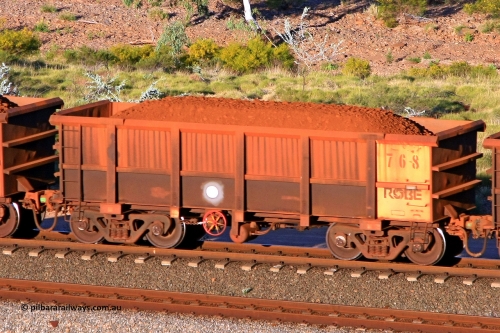0768 110602 1708
Robe River ore waggon 768, built by Centurion Industries WA, rotary coupler end handbrake side loaded view at the 71 km, Western Creek on the Deepdale line. June 2, 2011.
Keywords: 768;Centurion-Industries-WA;Robe-ore-waggon;