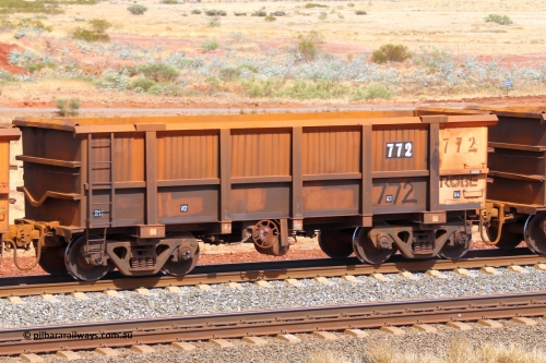 0772 141124 6783
Robe River ore waggon 772, built by Centurion Industries WA, fixed coupler handbrake side empty view at the 25 km at Arches Siding on the Cape Lambert line. November 24, 2014.
Keywords: 772;Centurion-Industries-WA;Robe-ore-waggon;
