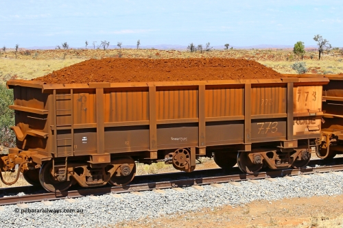 0773 170729 0212
Robe River ore waggon 773, built by Centurion Industries WA, fixed coupler handbrake side loaded view at the 103 km, between Maitland Siding and the Fortescue River on the Deepdale line. July 29, 2017.
Keywords: 773;Centurion-Industries-WA;Robe-ore-waggon;