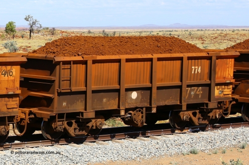 0774 170729 0208
Robe River ore waggon 774, built by Centurion Industries WA, fixed coupler handbrake side loaded view at the 103 km, between Maitland Siding and the Fortescue River on the Deepdale line. July 29, 2017.
Keywords: 774;Centurion-Industries-WA;Robe-ore-waggon;