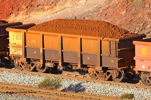 0785 180616 1650
Robe River ore waggon 785, built by Centurion Industries WA, fixed coupler non-handbrake side loaded view at the 38.5 km, Harding on the Cape Lambert line, June 16, 2018.
Keywords: 785;Centurion-Industries-WA;Robe-ore-waggon;