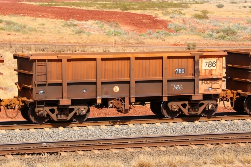 0786 141124 6854
Robe River ore waggon 786, built by Centurion Industries WA, fixed coupler handbrake side empty view at the 25 km at Arches Siding on the Cape Lambert line. November 24, 2014.
Keywords: 786;Centurion-Industries-WA;Robe-ore-waggon;