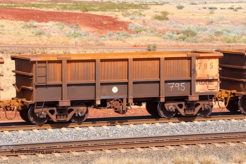 0795 141124 6833
Robe River ore waggon 795, built by Centurion Industries WA, fixed coupler handbrake side empty view at the 25 km at Arches Siding on the Cape Lambert line. November 24, 2014.
Keywords: 795;Centurion-Industries-WA;Robe-ore-waggon;