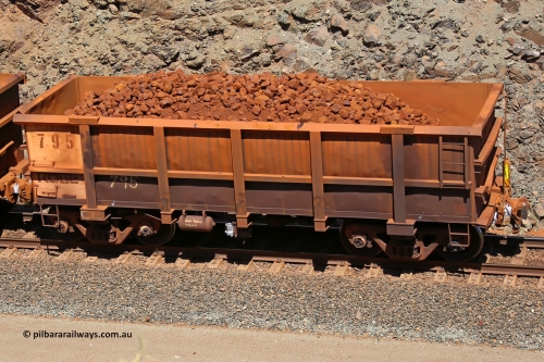 0795 160306 1674
Robe River ore waggon 795, built by Centurion Industries WA, fixed coupler non-handbrake side loaded end of train view, at the 45 km, Harding Siding on the Cape Lambert line. March 6, 2016.
Keywords: 795;Centurion-Industries-WA;Robe-ore-waggon;