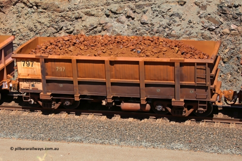 0797 160306 1661
Robe River ore waggon 797, built by Centurion Industries WA, fixed coupler non-handbrake side loaded view, at the 45 km, Harding Siding on the Cape Lambert line. March 6, 2016.
Keywords: 797;Centurion-Industries-WA;Robe-ore-waggon;