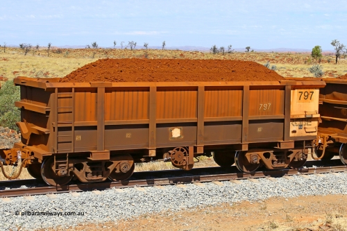 0797 170729 0242
Robe River ore waggon 797, built by Centurion Industries WA, fixed coupler handbrake side loaded view at the 103 km, between Maitland Siding and the Fortescue River on the Deepdale line. July 29, 2017.
Keywords: 797;Centurion-Industries-WA;Robe-ore-waggon;
