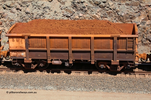 0807 160306 1545
Robe River ore waggon 807, built by Centurion Industries WA, fixed coupler non-handbrake side loaded view, at the 45 km, Harding Siding on the Cape Lambert line. March 6, 2016.
Keywords: 807;Centurion-Industries-WA;Robe-ore-waggon;