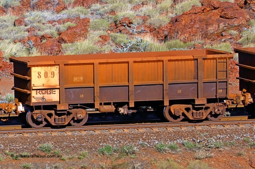 0809 180616 1709
Robe River ore waggon 809, built by Centurion Industries WA, rotary coupler end non-handbrake side empty view at the 38 km, Harding on the Cape Lambert line, June 16, 2018.
Keywords: 809;Centurion-Industries-WA;Robe-ore-waggon;