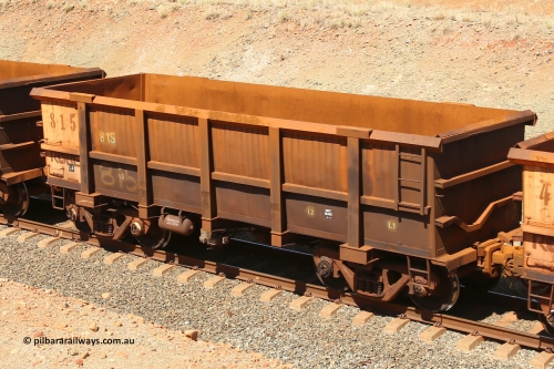 0815 160306 1255
Robe River ore waggon 815, built by Centurion Industries WA, fixed coupler non-handbrake side empty view at Greenpool on the Cape Lambert line. March 6, 2016.
Keywords: 815;Centurion-Industries-WA;Robe-ore-waggon;