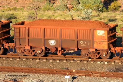 0827 110602 1605
Robe River ore waggon 827, built by Centurion Industries WA, rotary coupler end handbrake side loaded view at the 71 km, Western Creek on the Deepdale line. June 2, 2011.
Keywords: 827;Centurion-Industries-WA;Robe-ore-waggon;
