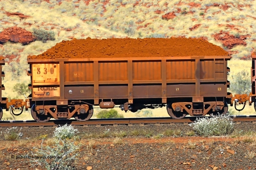 0830 170728 09907
Robe River ore waggon 830, built by Centurion Industries WA, non-handbrake side loaded view at the 72 km, Western Creek on the Deepdale line. July 28, 2017.
Keywords: 830;Centurion-Industries-WA;Robe-ore-waggon;