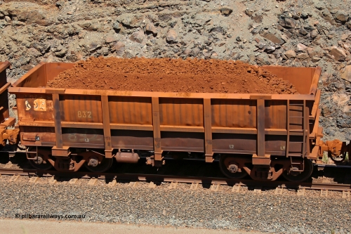 0832 160306 1602
Robe River ore waggon 832, built by Centurion Industries WA, fixed coupler non-handbrake side loaded view, at the 45 km, Harding Siding on the Cape Lambert line. March 6, 2016.
Keywords: 832;Centurion-Industries-WA;Robe-ore-waggon;
