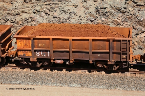 0851 160306 1582
Robe River ore waggon 851, built by Centurion Industries WA, fixed coupler non-handbrake side loaded view, at the 45 km, Harding Siding on the Cape Lambert line. March 6, 2016.
Keywords: 851;Centurion-Industries-WA;Robe-ore-waggon;