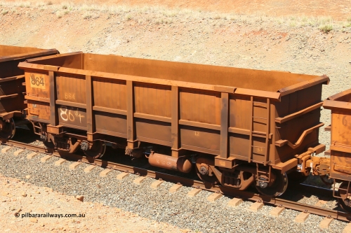 0864 160306 1351
Robe River ore waggon 864, built by Centurion Industries WA, fixed coupler non-handbrake side empty view at Greenpool on the Cape Lambert line. March 6, 2016.
Keywords: 864;Centurion-Industries-WA;Robe-ore-waggon;