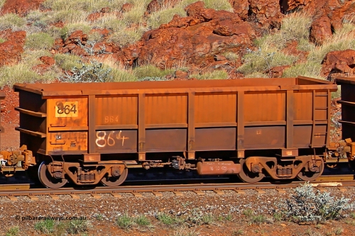 0864 180616 1697
Robe River ore waggon 864, built by Centurion Industries WA, rotary coupler end non-handbrake side empty view at the 38 km, Harding on the Cape Lambert line, June 16, 2018.
Keywords: 864;Centurion-Industries-WA;Robe-ore-waggon;