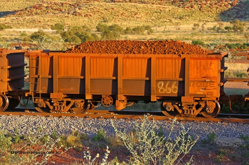0866 170513 8668
Robe River ore waggon 866, built by Centurion Industries WA, handbrake side loaded view, Cape Lambert yard, May 13, 2017.
Keywords: 866;Centurion-Industries-WA;Robe-ore-waggon;