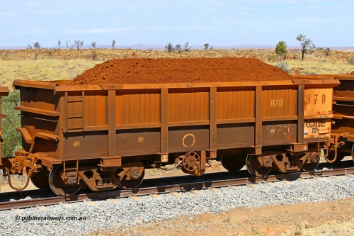 0870 170729 0220
Robe River ore waggon 870, built by Centurion Industries WA, fixed coupler handbrake side loaded view at the 103 km, between Maitland Siding and the Fortescue River on the Deepdale line. July 29, 2017.
Keywords: 870;Centurion-Industries-WA;Robe-ore-waggon;